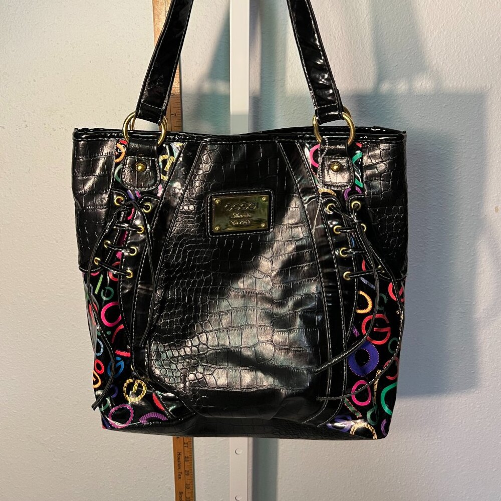 NWOT COOGI Vintage Black w Colorful Text Faux Leather Handbag